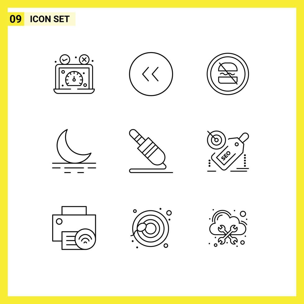 Group of 9 Modern Outlines Set for audio cable moon left fog dieting Editable Vector Design Elements