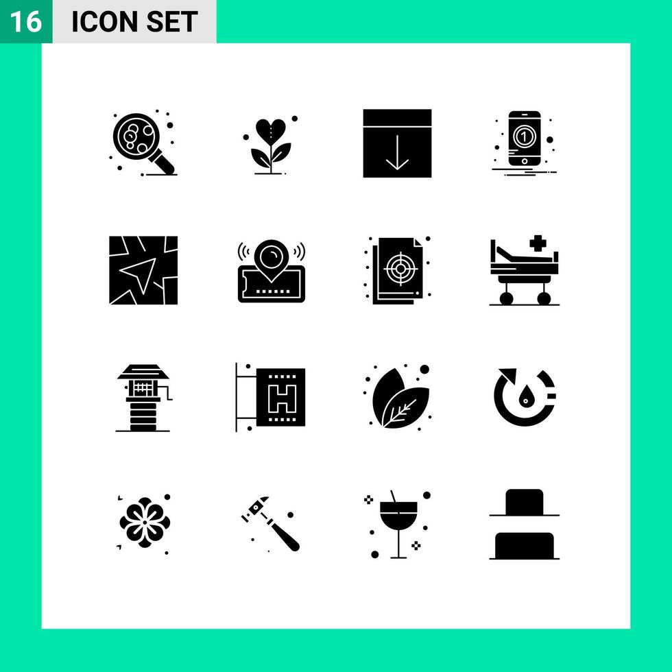 Mobile Interface Solid Glyph Set of 16 Pictograms of mobile number love notification layout Editable Vector Design Elements