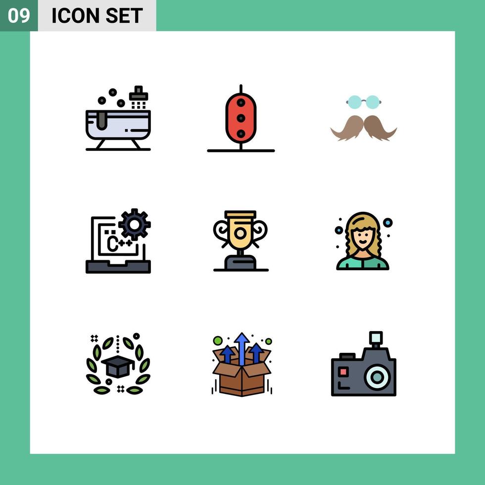 Pictogram Set of 9 Simple Filledline Flat Colors of development coding moustache code men Editable Vector Design Elements