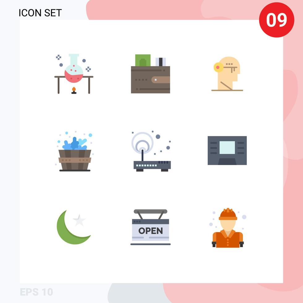 9 User Interface Flat Color Pack of modern Signs and Symbols of access sauna wallet bathhouse mind Editable Vector Design Elements