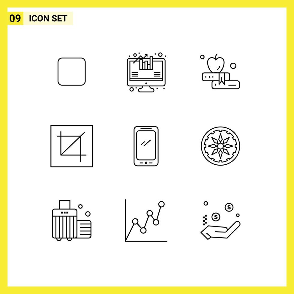 Pack of 9 Modern Outlines Signs and Symbols for Web Print Media such as android smart phone education phone layout Editable Vector Design Elements