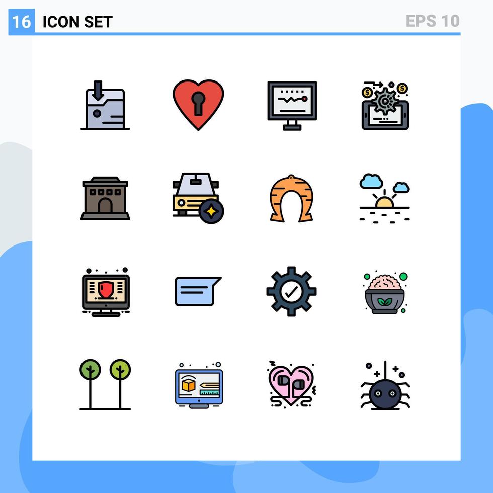 User Interface Pack of 16 Basic Flat Color Filled Lines of car house health building data management Editable Creative Vector Design Elements