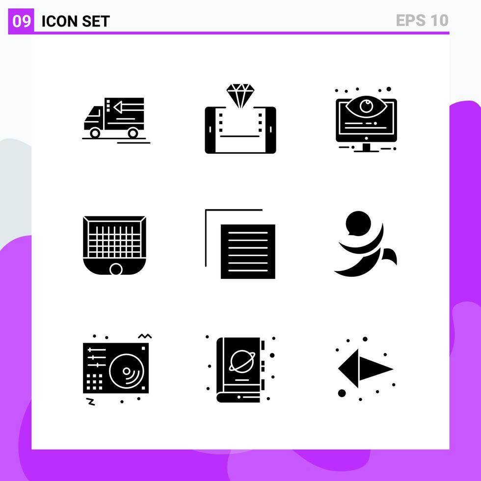 conjunto de 9 iconos en estilo sólido símbolos de glifos creativos para el diseño de sitios web y aplicaciones móviles signo de icono sólido simple aislado sobre fondo blanco 9 iconos fondo de vector de icono negro creativo