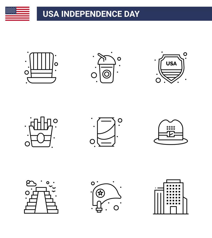 Pack of 9 USA Independence Day Celebration Lines Signs and 4th July Symbols such as soda beer security fries fast Editable USA Day Vector Design Elements