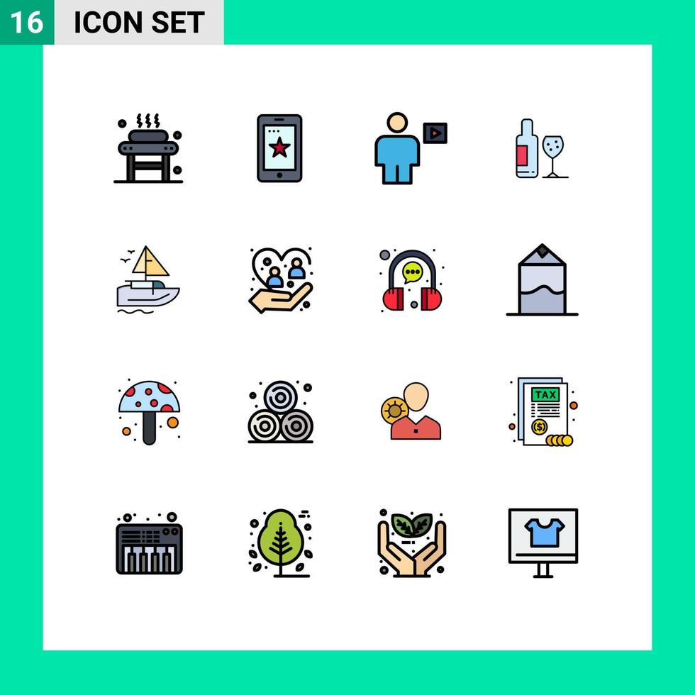 Flat Color Filled Line Pack of 16 Universal Symbols of love bottle ireland drink playback Editable Creative Vector Design Elements