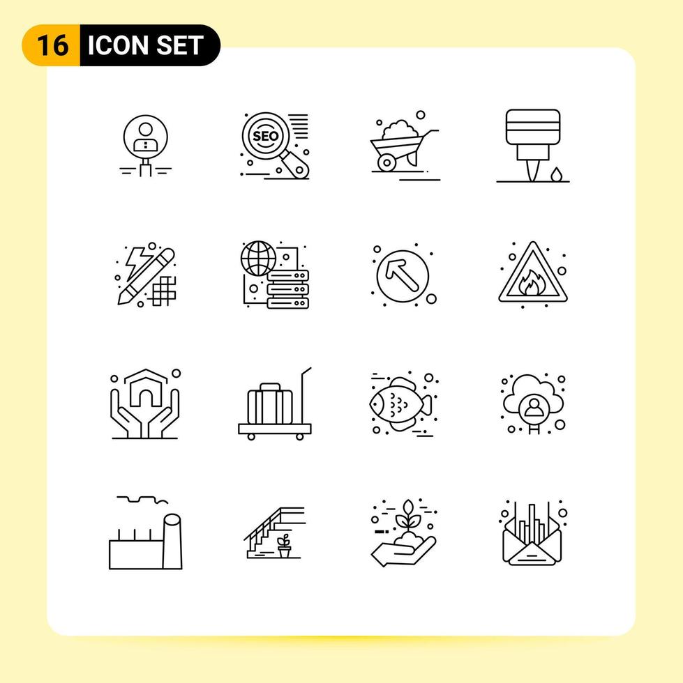 Group of 16 Outlines Signs and Symbols for mechanic wheelbarrow search engine truck garden Editable Vector Design Elements