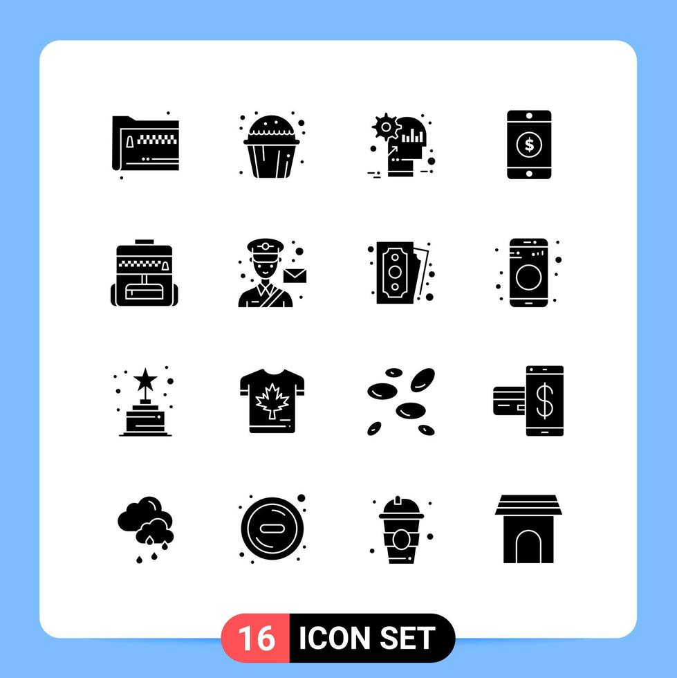 Pack of 16 creative Solid Glyphs of bag mobile muffin sweet dollar product Editable Vector Design Elements