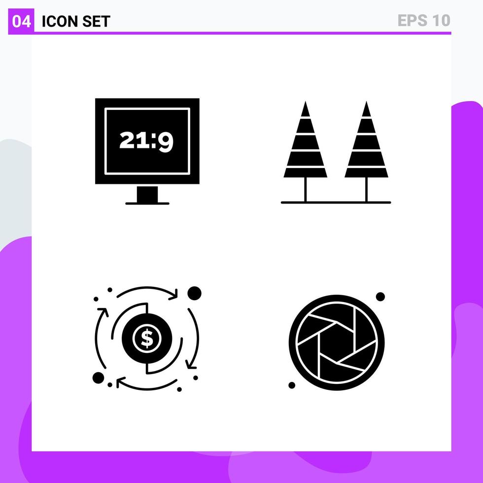 Set of 4 icons in solid style Creative Glyph Symbols for Website Design and Mobile Apps Simple Solid Icon Sign Isolated on White Background 4 Icons Creative Black Icon vector background