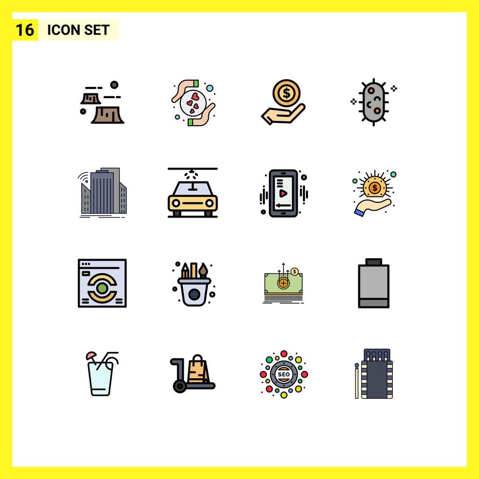Group of 16 Modern Flat Color Filled Lines Set for buildings biology heart biochemistry dollar Editable Creative Vector Design Elements