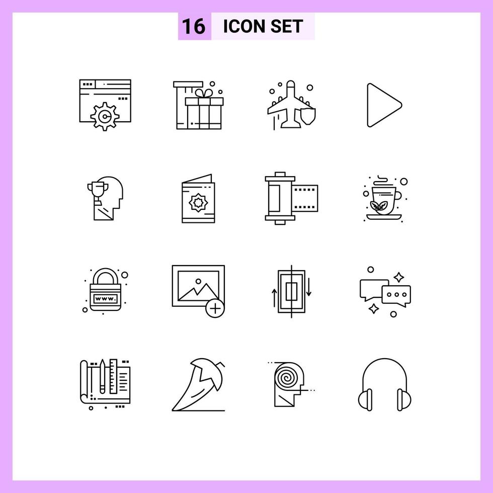 Pack of 16 Modern Outlines Signs and Symbols for Web Print Media such as brian twitter shopping video protection Editable Vector Design Elements