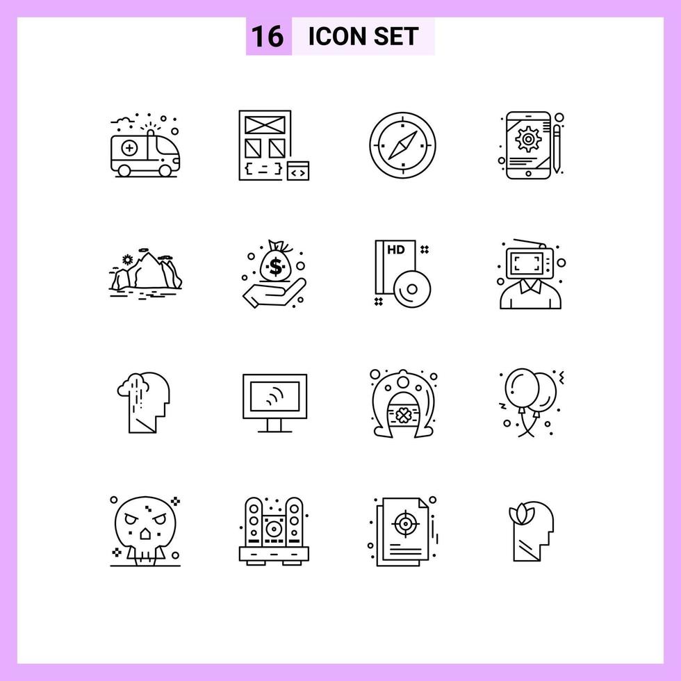 16 Universal Outline Signs Symbols of nature gear page configuration gps Editable Vector Design Elements