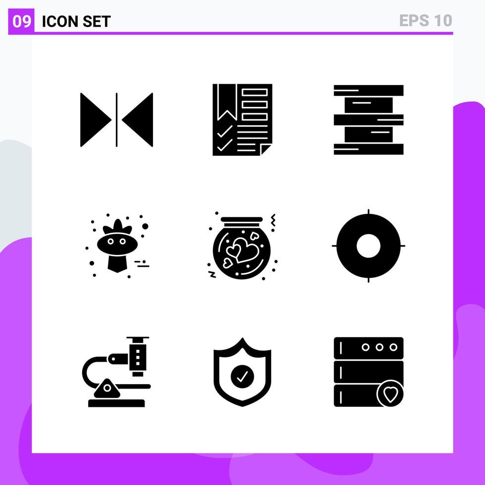 conjunto de 9 iconos en estilo sólido símbolos de glifos creativos para el diseño de sitios web y aplicaciones móviles signo de icono sólido simple aislado sobre fondo blanco 9 iconos fondo de vector de icono negro creativo