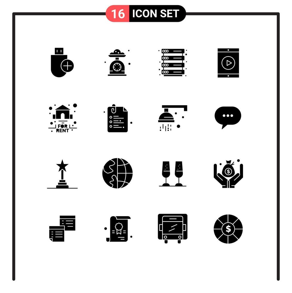 grupo de 16 glifos sólidos modernos establecidos para elementos de diseño de vectores editables del servidor de iphone de báscula de cocina móvil de teléfono