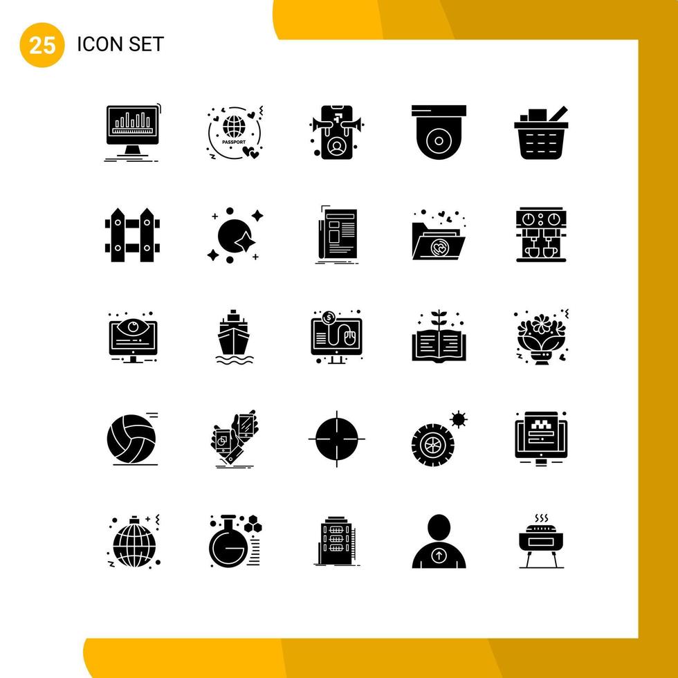 Modern Set of 25 Solid Glyphs Pictograph of checkout security travel dome online Editable Vector Design Elements
