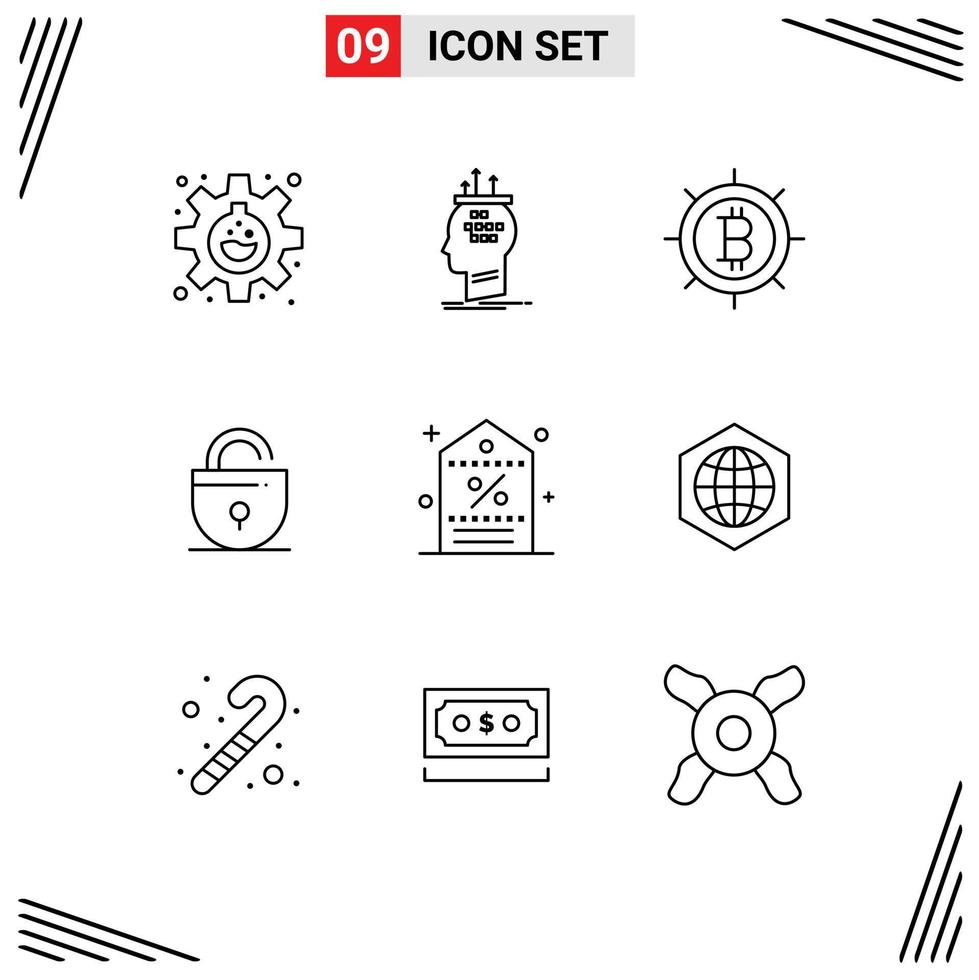 Universal Icon Symbols Group of 9 Modern Outlines of promotion discount thinking internet locked Editable Vector Design Elements