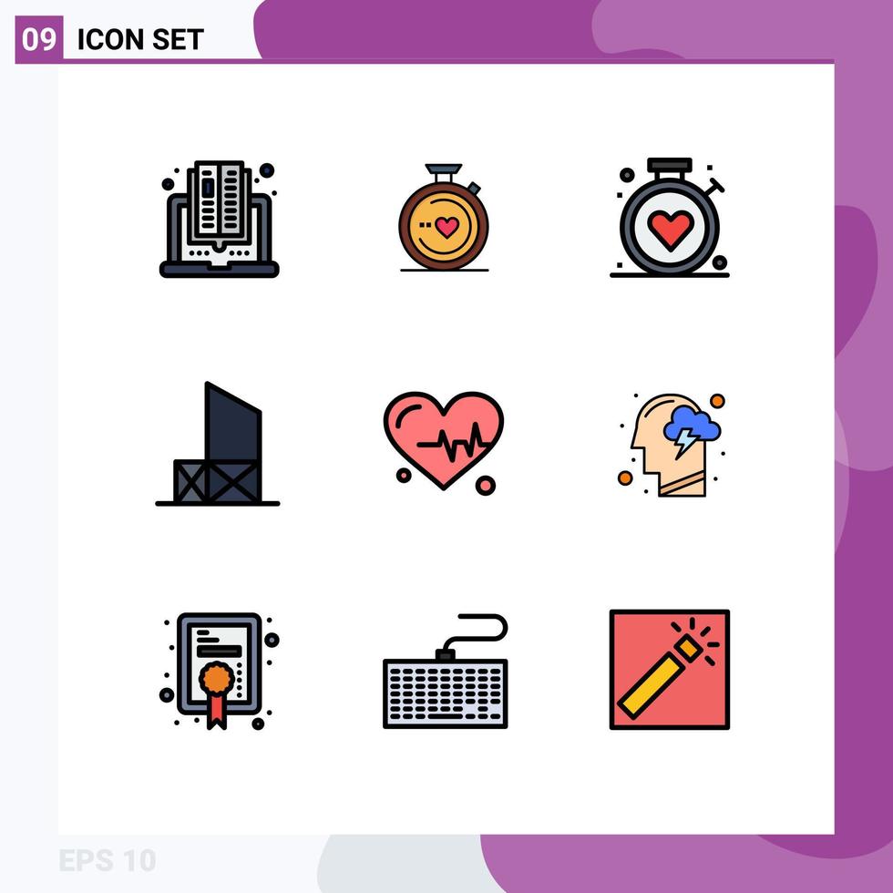 Mobile Interface Filledline Flat Color Set of 9 Pictograms of heart rescue compass lifeguard baywatch Editable Vector Design Elements