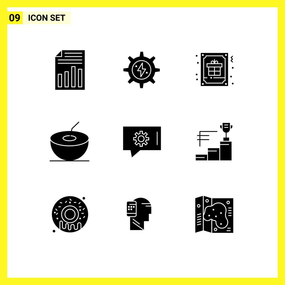 Pictogram Set of 9 Simple Solid Glyphs of chat setting fruit power coconut gift Editable Vector Design Elements
