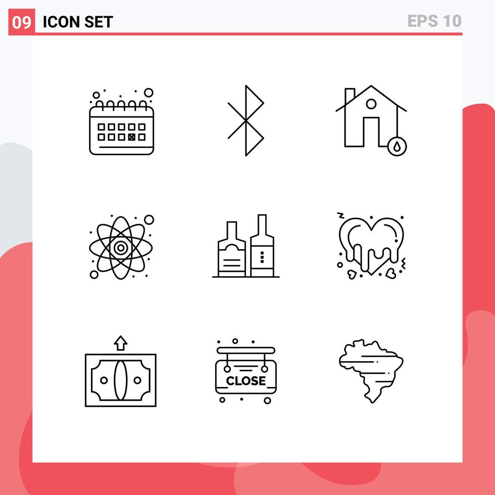Universal Icon Symbols Group of 9 Modern Outlines of beverage study estate research atom Editable Vector Design Elements
