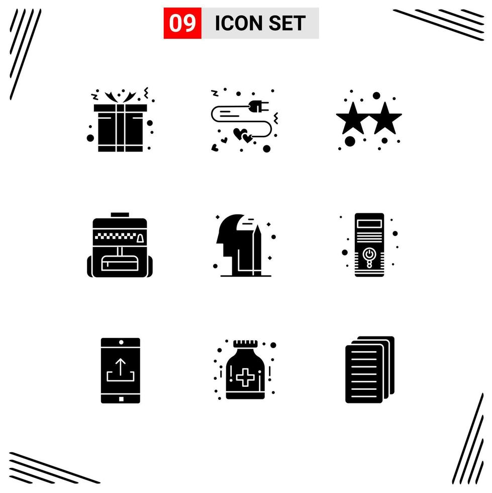 Group of 9 Solid Glyphs Signs and Symbols for computer mind firework education education Editable Vector Design Elements