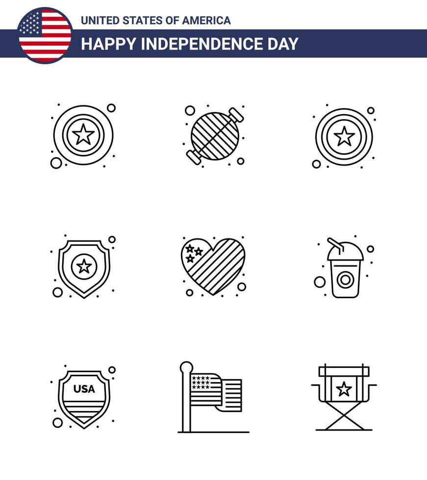 Set of 9 USA Day Icons American Symbols Independence Day Signs for flag sign party star shield Editable USA Day Vector Design Elements