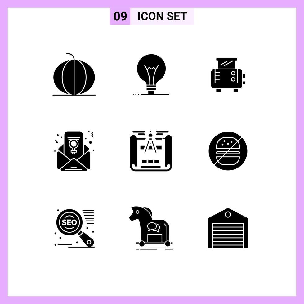 Pack of 9 creative Solid Glyphs of sketch blueprint lightbulb email feminism chat Editable Vector Design Elements