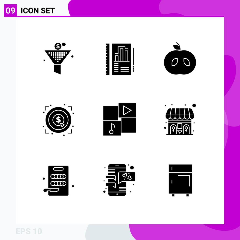 9 Universal Solid Glyphs Set for Web and Mobile Applications player media apple target achievement Editable Vector Design Elements