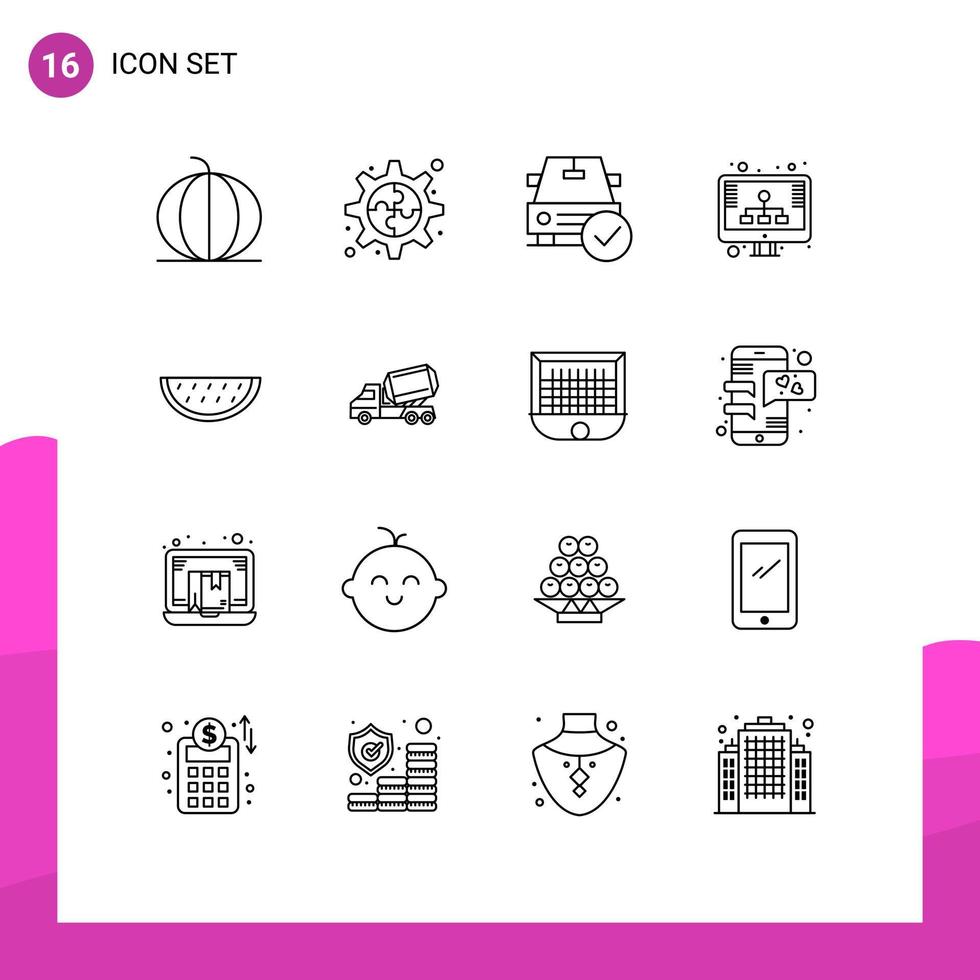 Group of 16 Outlines Signs and Symbols for fruits seo car hosting ok Editable Vector Design Elements