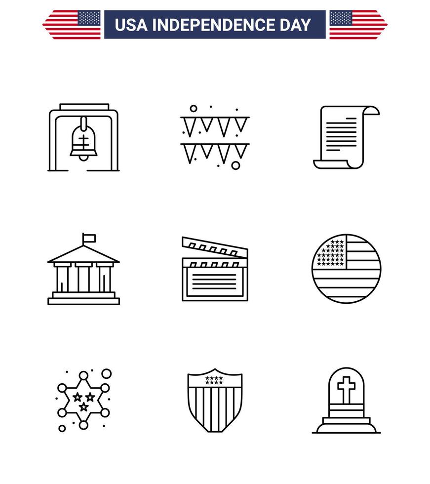 9 USA Line Pack of Independence Day Signs and Symbols of video american text usa flag Editable USA Day Vector Design Elements