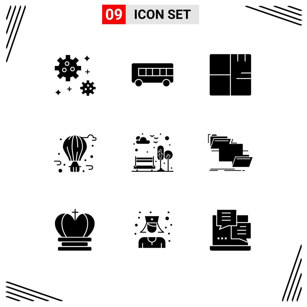 9 Universal Solid Glyph Signs Symbols of park bench buildings city life balloon Editable Vector Design Elements