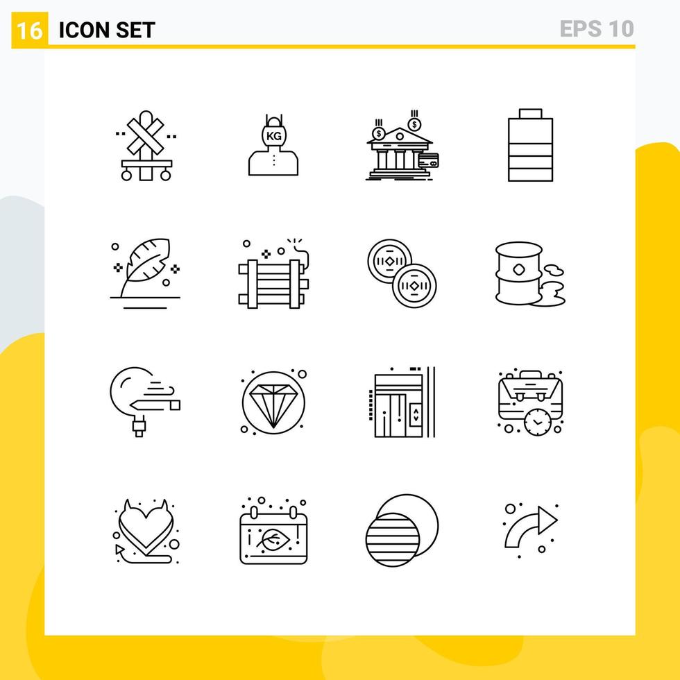 User Interface Pack of 16 Basic Outlines of feather electric weight battery financial Editable Vector Design Elements