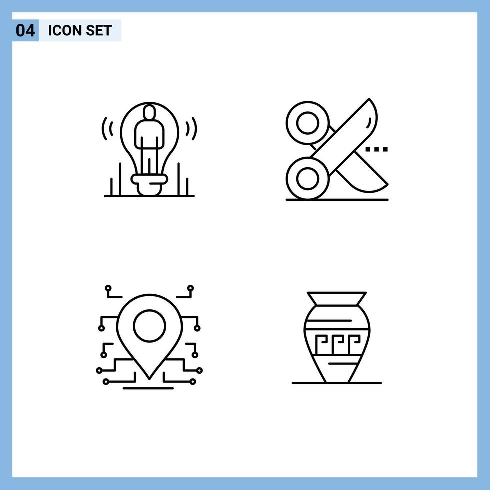 Editable Vector Line Pack of 4 Simple Filledline Flat Colors of bulb slice person cutting processor Editable Vector Design Elements