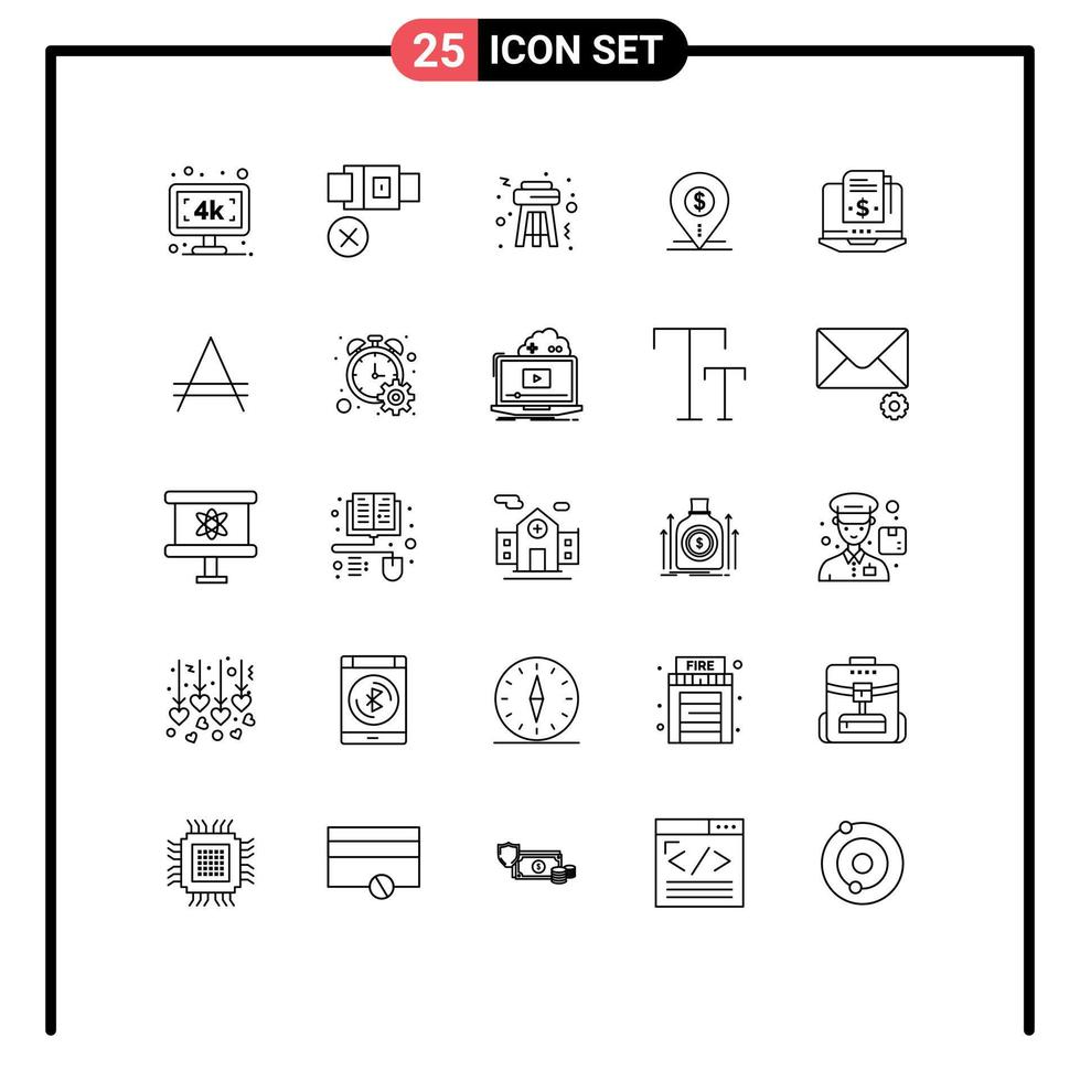 paquete de 25 líneas modernas, signos y símbolos para medios de impresión web, como elementos de diseño de vectores editables con pasador de ubicación de taburete de banco de suscripción