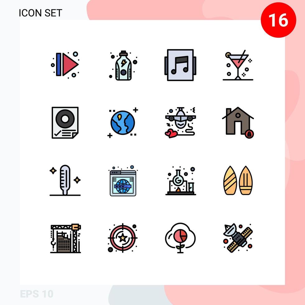 Pictogram Set of 16 Simple Flat Color Filled Lines of mark check album summer cocktail Editable Creative Vector Design Elements