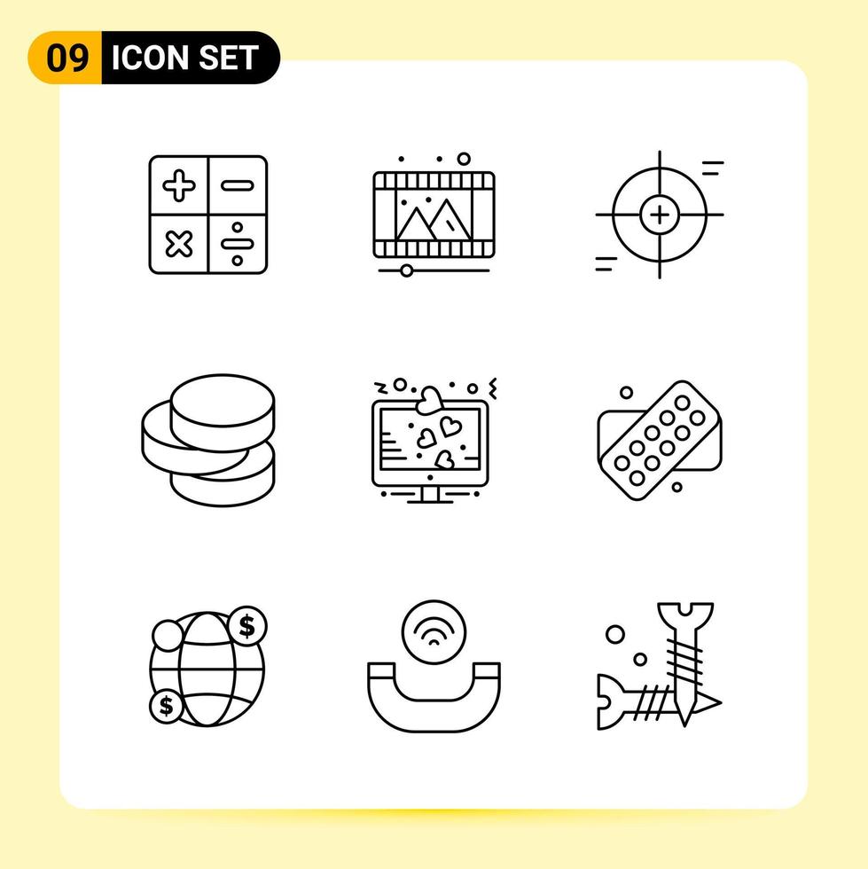 9 Creative Icons for Modern website design and responsive mobile apps 9 Outline Symbols Signs on White Background 9 Icon Pack Creative Black Icon vector background