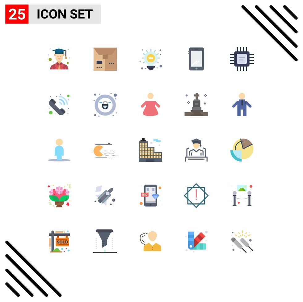 Pictogram Set of 25 Simple Flat Colors of processor cpu bulb chip android Editable Vector Design Elements