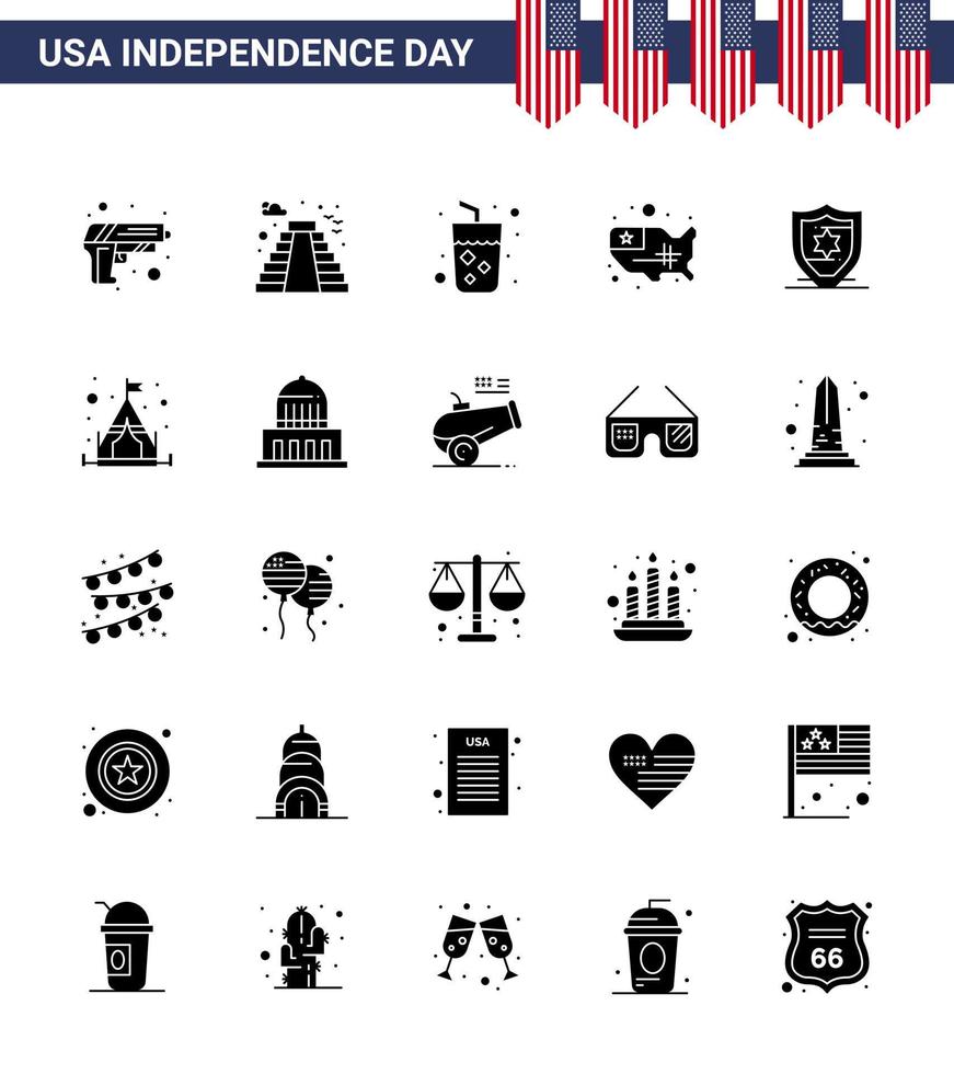 25 signos de glifos sólidos para la protección del día de la independencia de EE. UU. vector