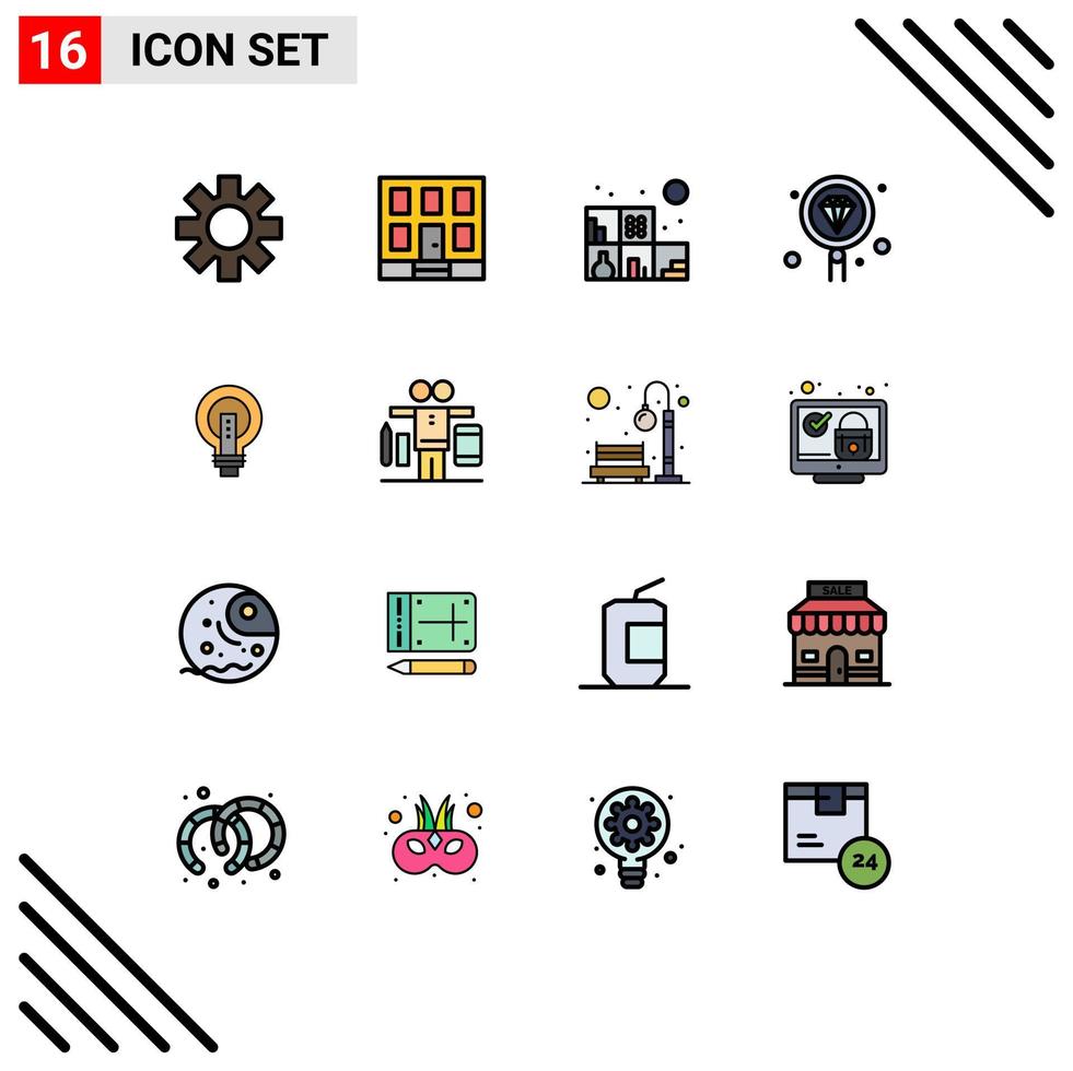 User Interface Pack of 16 Basic Flat Color Filled Lines of business bulb living search development Editable Creative Vector Design Elements