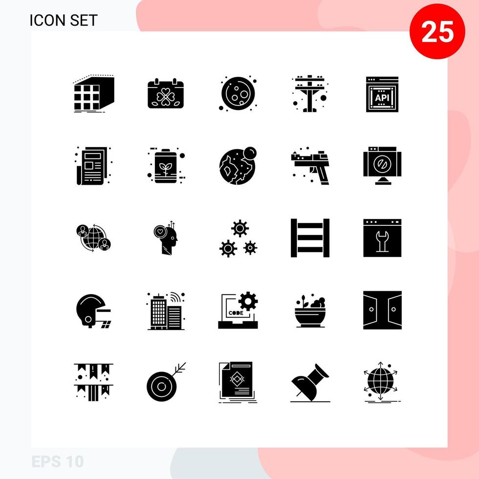 Group of 25 Solid Glyphs Signs and Symbols for api electric tower leaf electric science Editable Vector Design Elements