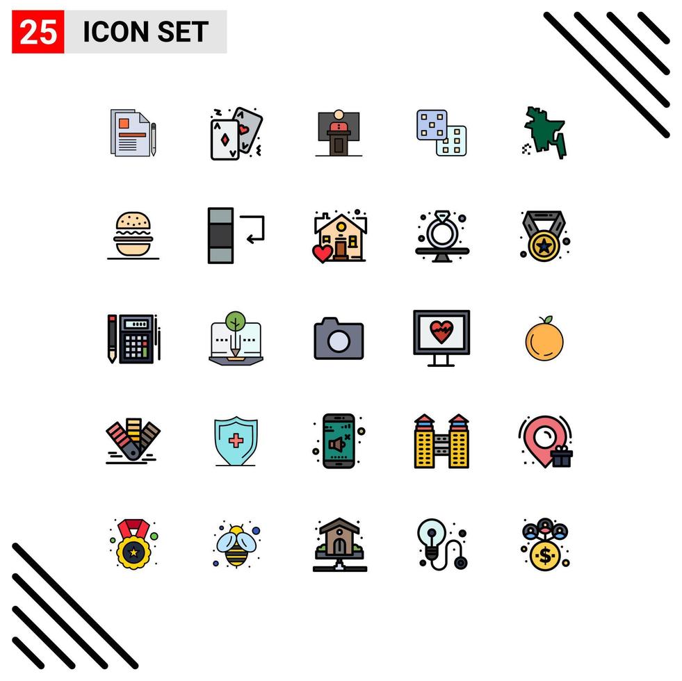 25 User Interface Filled line Flat Color Pack of modern Signs and Symbols of dice room casino presentation conference Editable Vector Design Elements