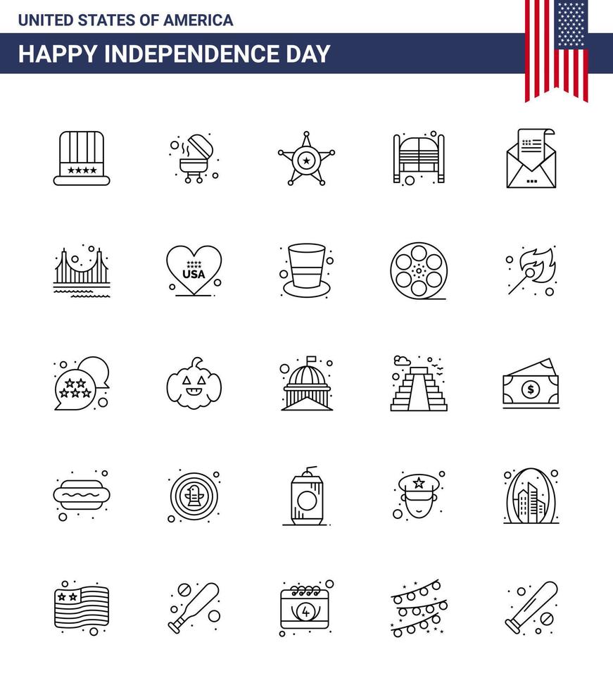 25 Line Signs for USA Independence Day envelope entrance police day doors Editable USA Day Vector Design Elements