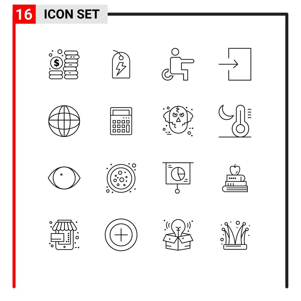 paquete de 16 signos y símbolos de contornos modernos para medios de impresión web, como el mundo de la educación, elementos de diseño de vectores editables con flecha de entrada deshabilitada