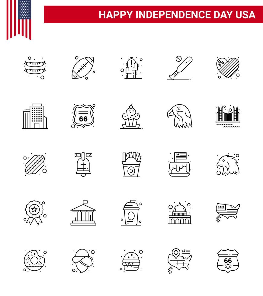 4th July USA Happy Independence Day Icon Symbols Group of 25 Modern Lines of flag usa flower sports baseball Editable USA Day Vector Design Elements