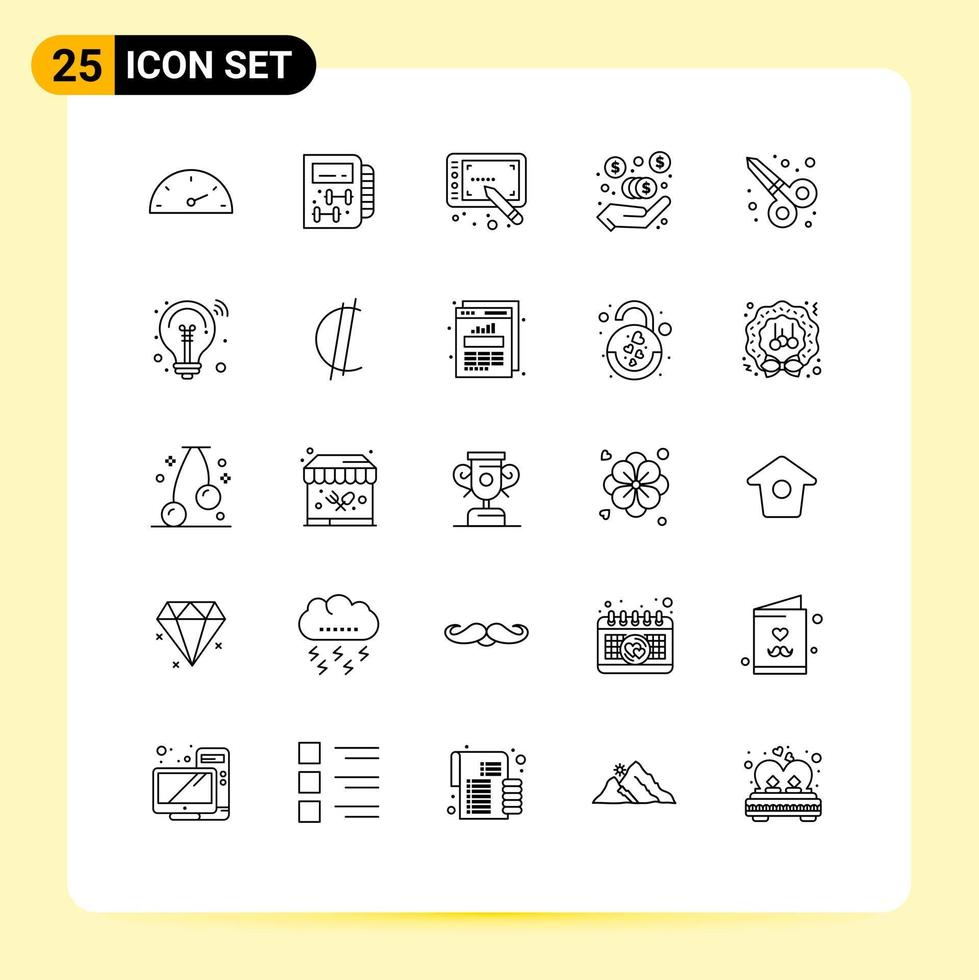 símbolo de icono universal grupo de 25 líneas modernas de idea tijeras stylus herramienta de tijera cuotas de marketing elementos de diseño vectorial editables vector