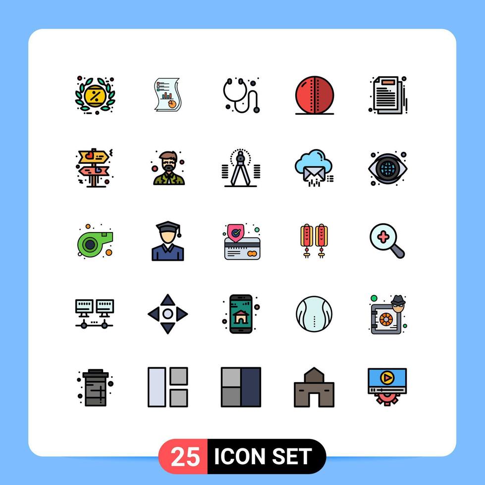 Pack of 25 Modern Filled line Flat Colors Signs and Symbols for Web Print Media such as leather ball cricket ball data stethoscope cure Editable Vector Design Elements