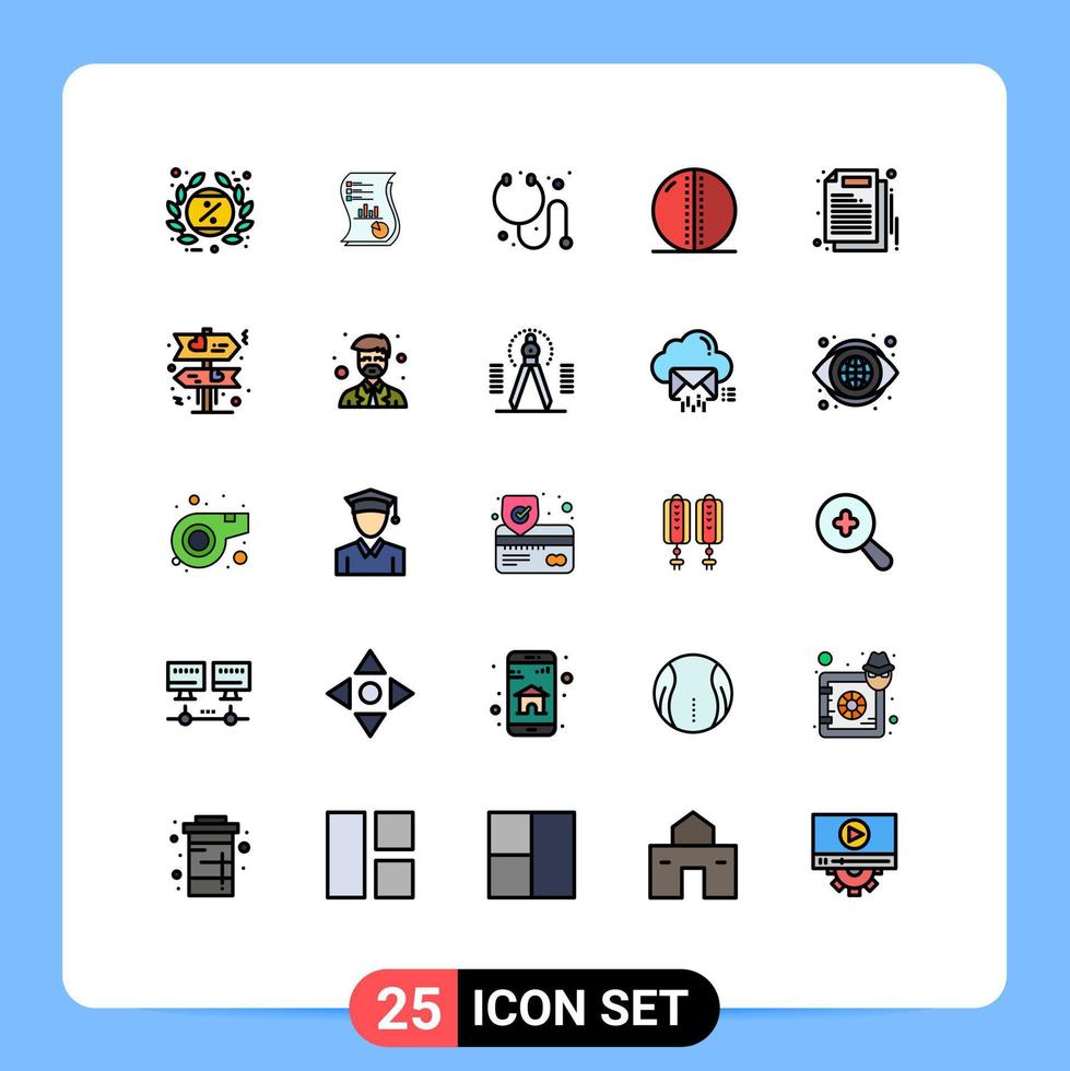 paquete de 25 modernos signos y símbolos de colores planos de línea rellena para medios de impresión web, como pelota de cuero, datos de pelota de cricket, cura de estetoscopio, elementos de diseño de vectores editables