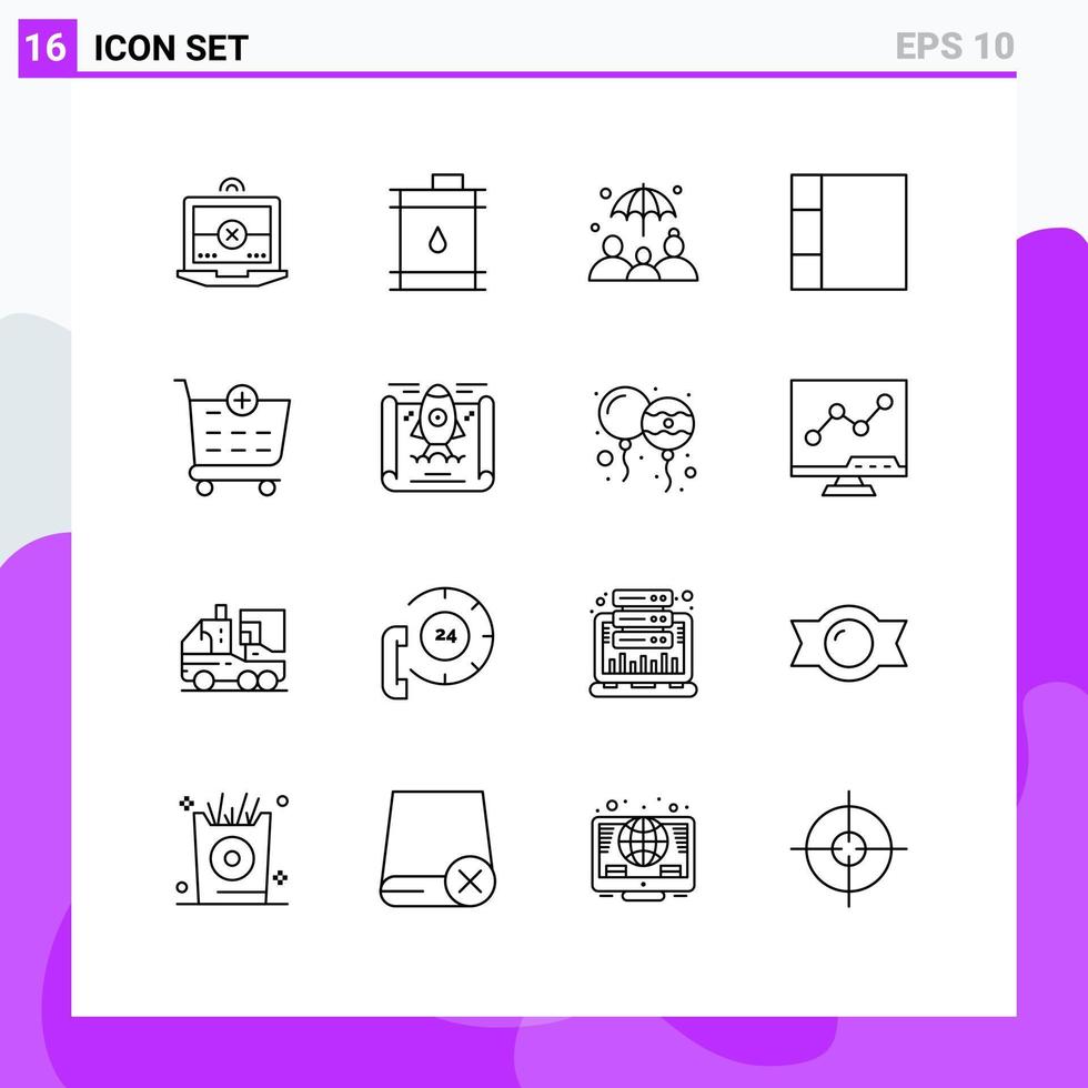 Modern Set of 16 Outlines Pictograph of rocket achievement group insurance shopping cart checkout Editable Vector Design Elements