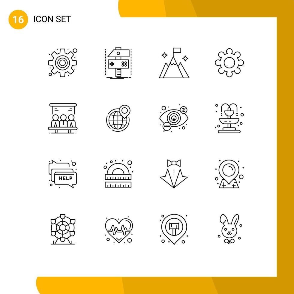 Modern Set of 16 Outlines Pictograph of technology project mountain cogs gear Editable Vector Design Elements