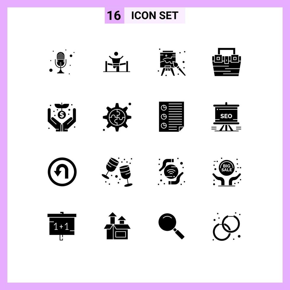 grupo de símbolos de iconos universales de 16 glifos sólidos modernos de elementos de diseño de vectores editables de caballete de artes de líder de pintura de caja