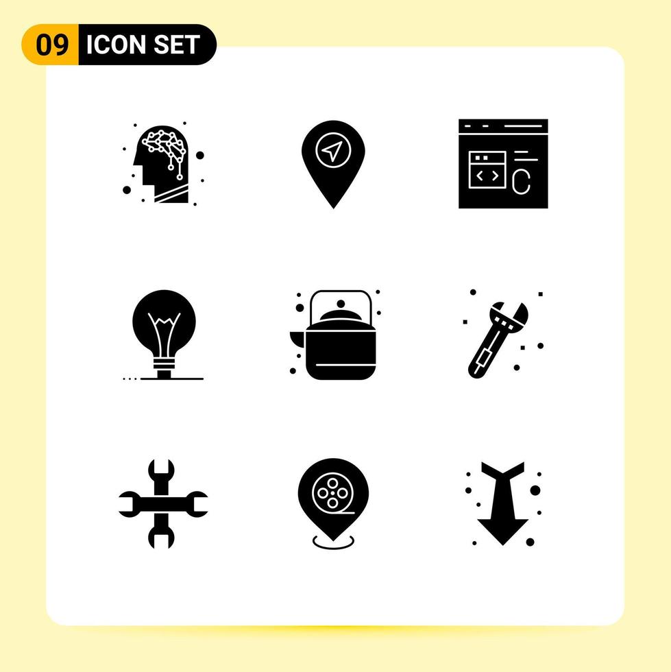 Solid Glyph Pack of 9 Universal Symbols of pot camping coding lightbulb innovation Editable Vector Design Elements