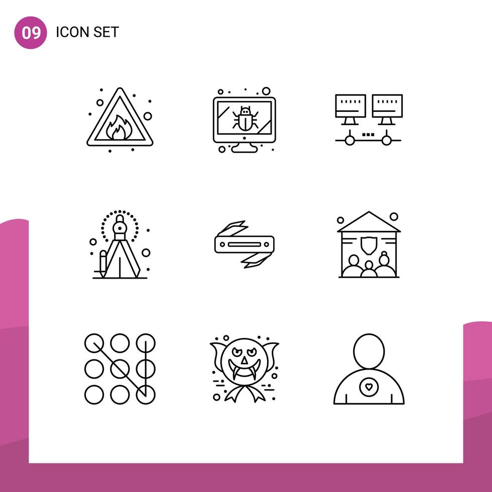 Mobile Interface Outline Set of 9 Pictograms of blade razor computer knife creative Editable Vector Design Elements